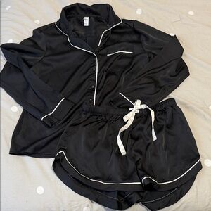 Stars Above Black Satin Pajama Set with White Piping